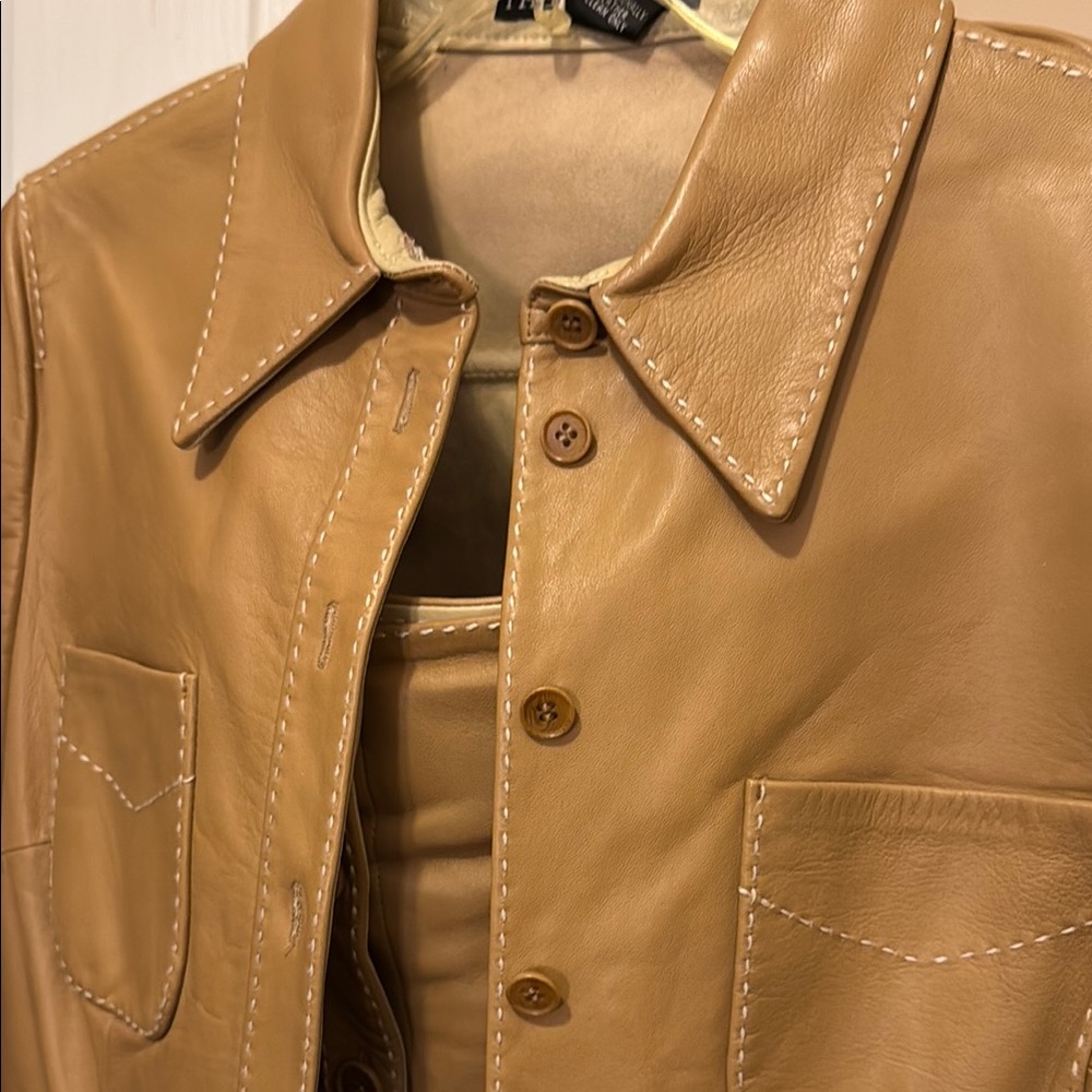 Stylish Tan Leather Shirt Jacket and skirt.
